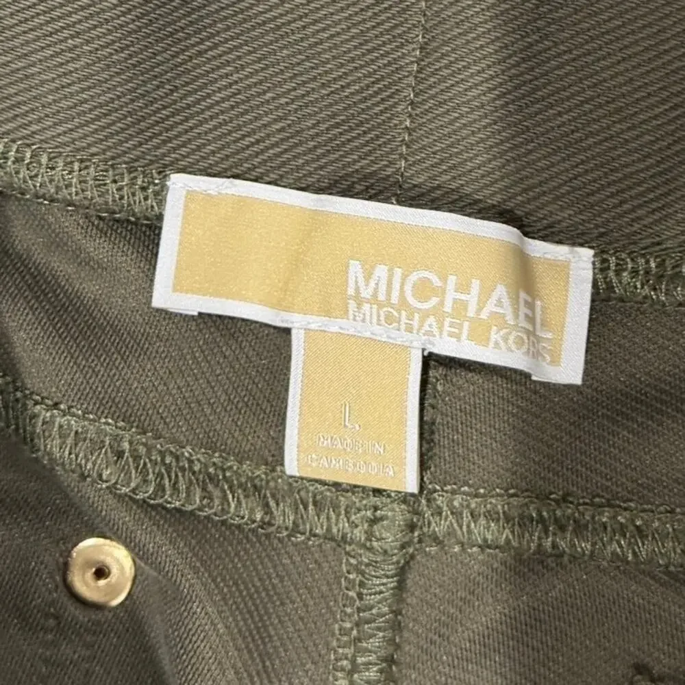 Michael Kors Olive Green Stretch Ankle Pants L NWOT Stud Pocket Slit Hem